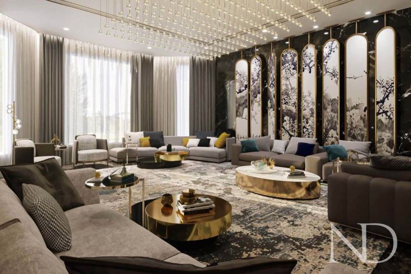 living room design by Nitido Design with golden details