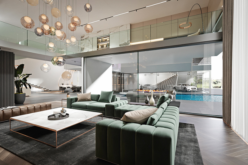 luxurious living room with a big green sofa that take sup most of the space, a nice black rug underneath creating some contrast, some suspension lights coming from the top floor and we also get a peek of the dining room, as well as the pool area.