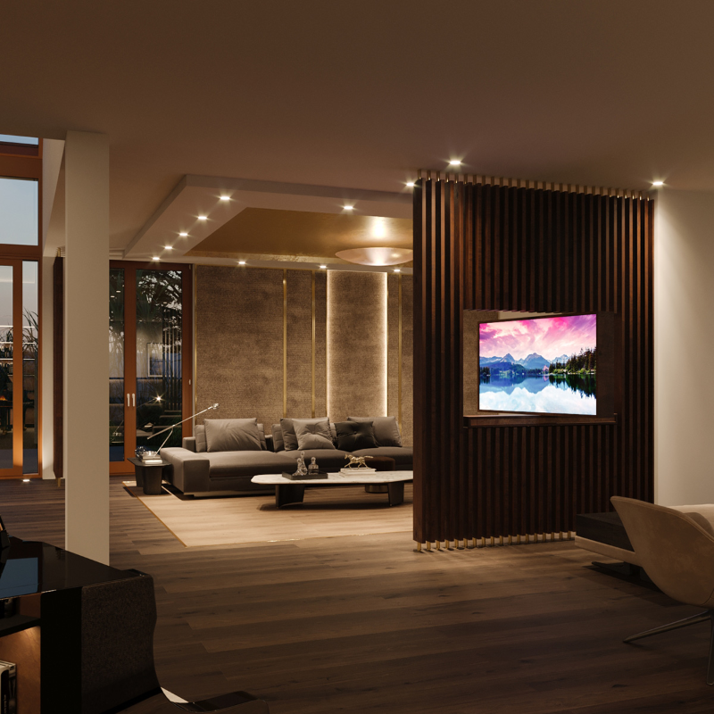 living room of bond unique homes with a modern grey sofa in a material that seems to be leather, and a tv, and high cielings, there's also the a high use of wood.