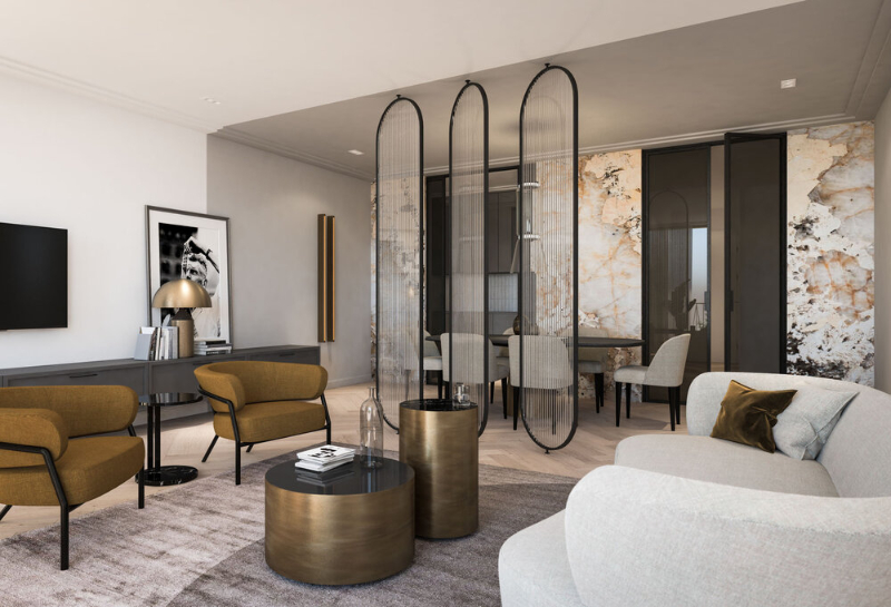 The Best Interior Designers of Germany, Sebastian Zenker living room with a white sofa and e mustard armchairs