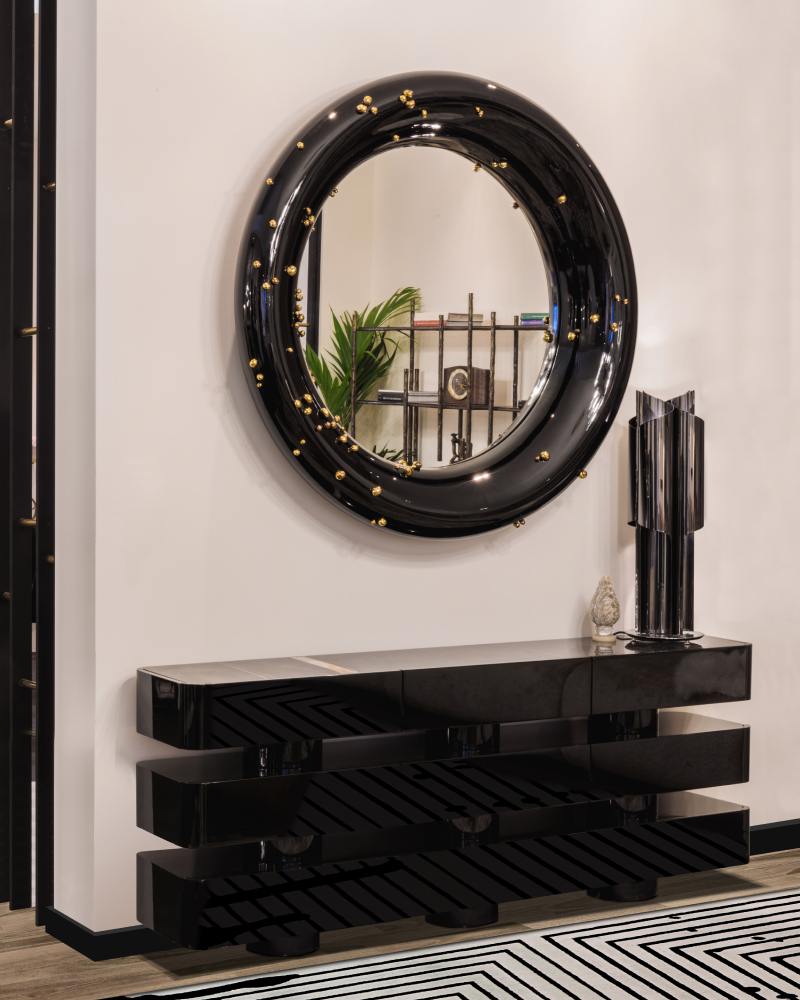 Modern Black Entryway Design.  The BELIZE Mirror adds a soft touch of nature's beauty, while the SHINTO Console is a very opulent element that adds a lot of sophistication.